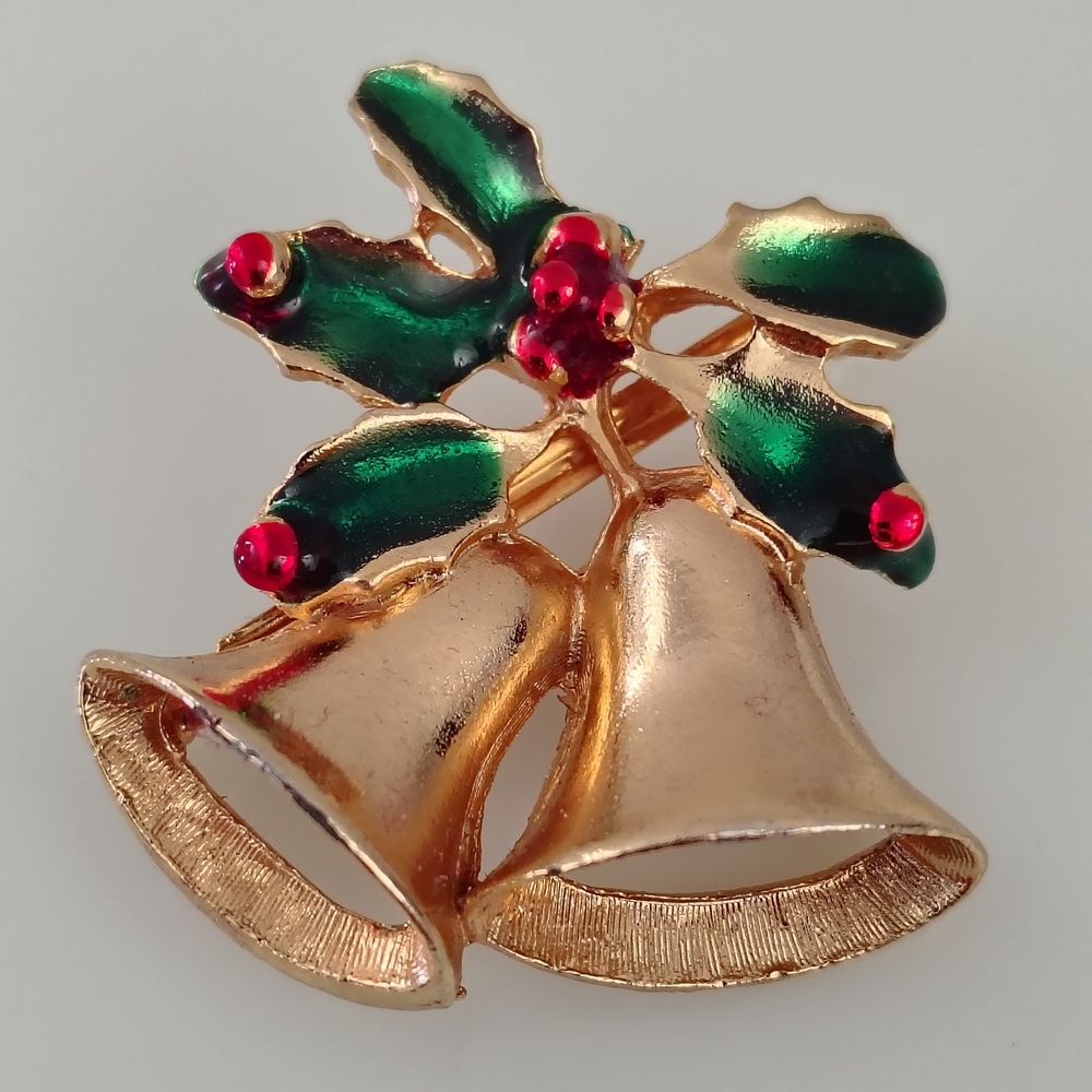 Gold and Green Holly Bell Brooch